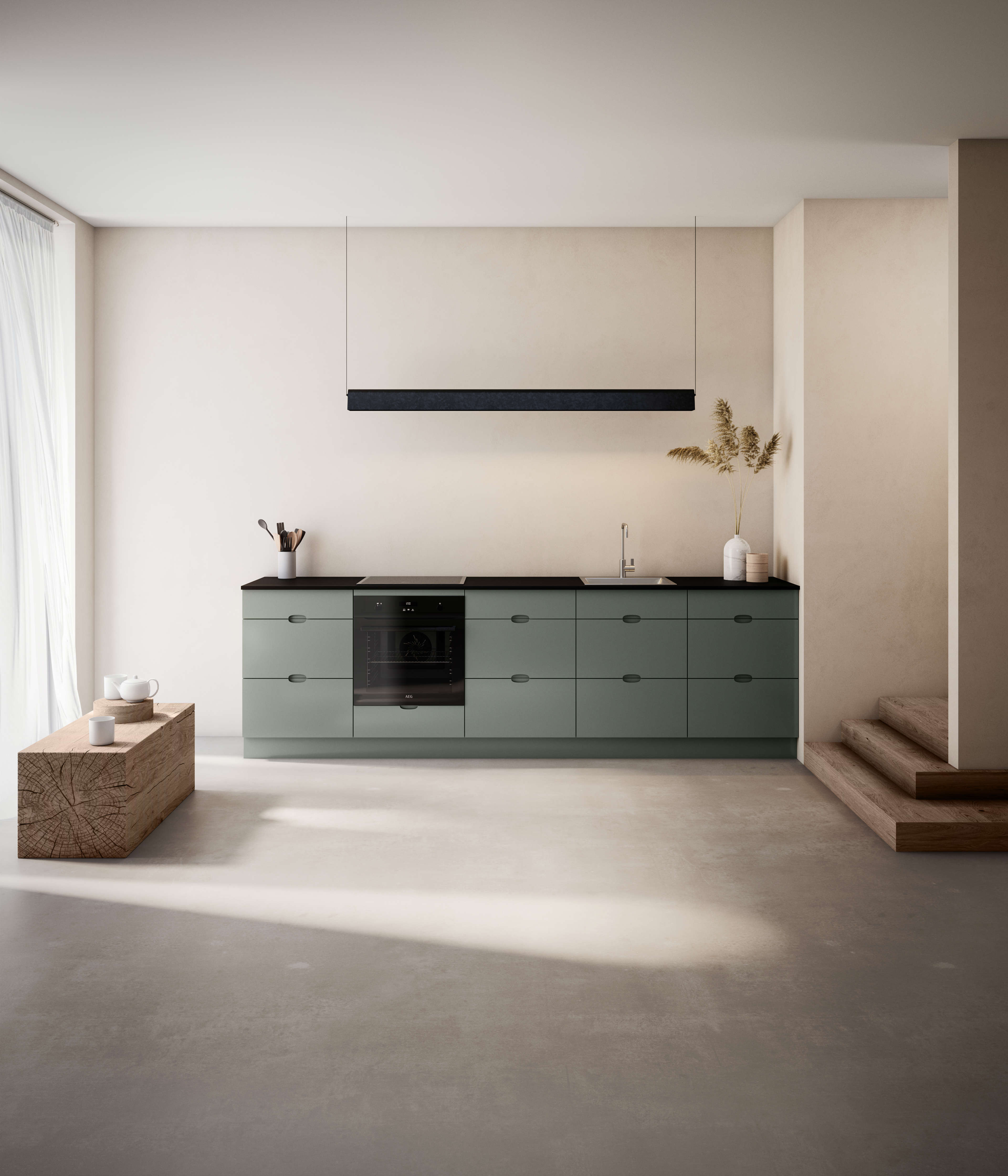 Green kitchen with green handles