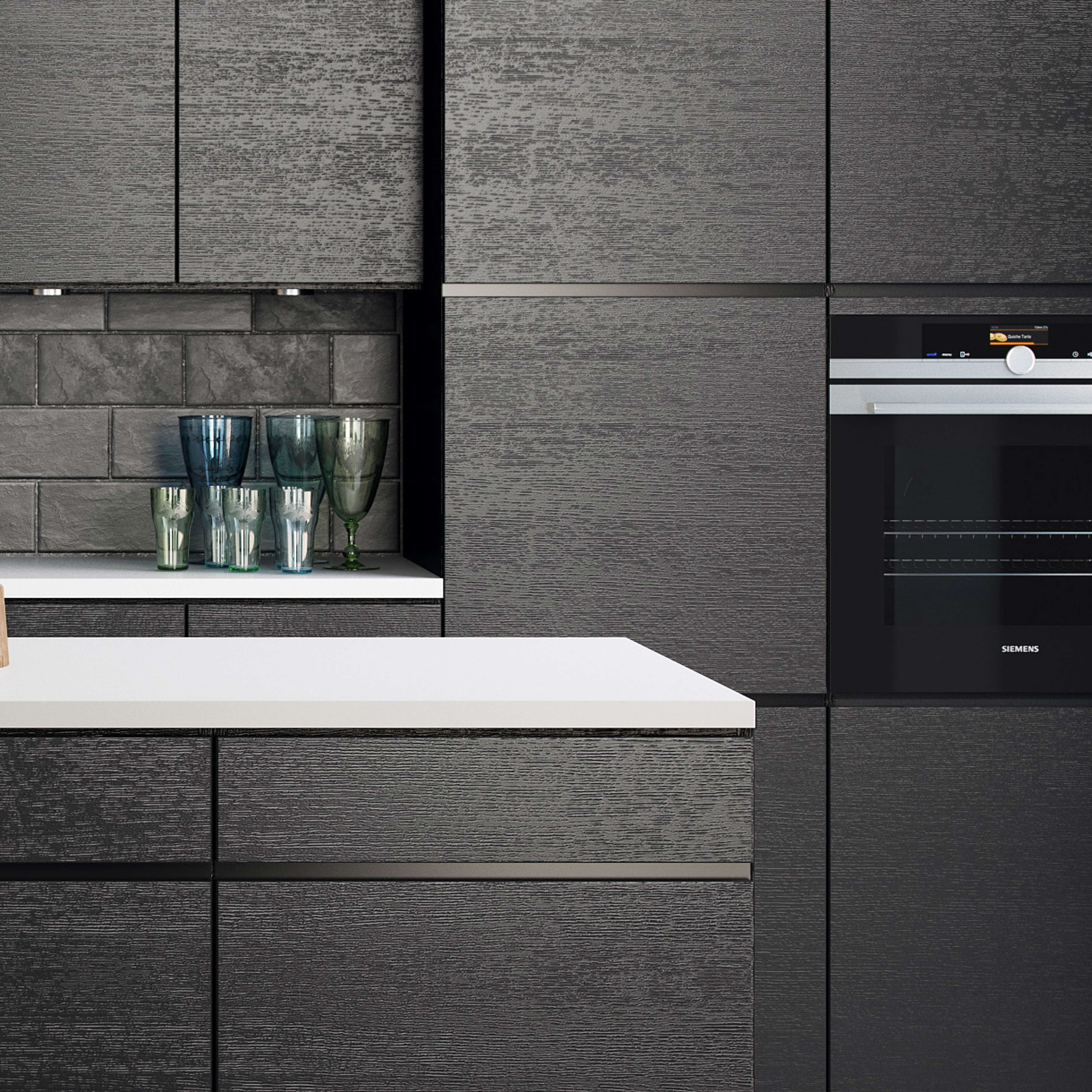 MANO sera kitchen with dark textured cabinets and a modern built-in oven, offering a contemporary style that enhances functionality and elegance.