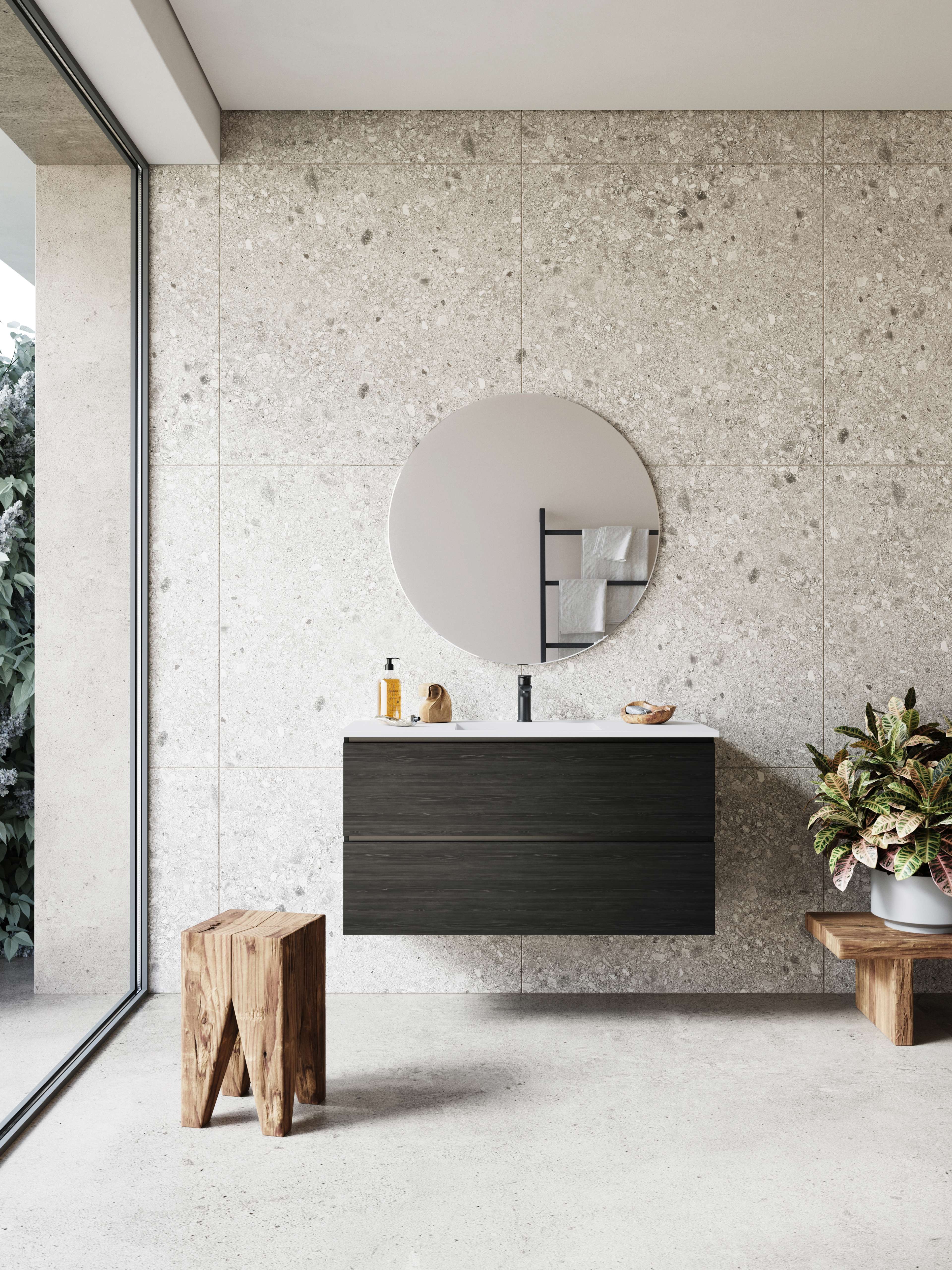 MANO sera bathroom unit, dark wood finish, showcasing minimalist design with sleek lines, paired with a round mirror for modern elegance.