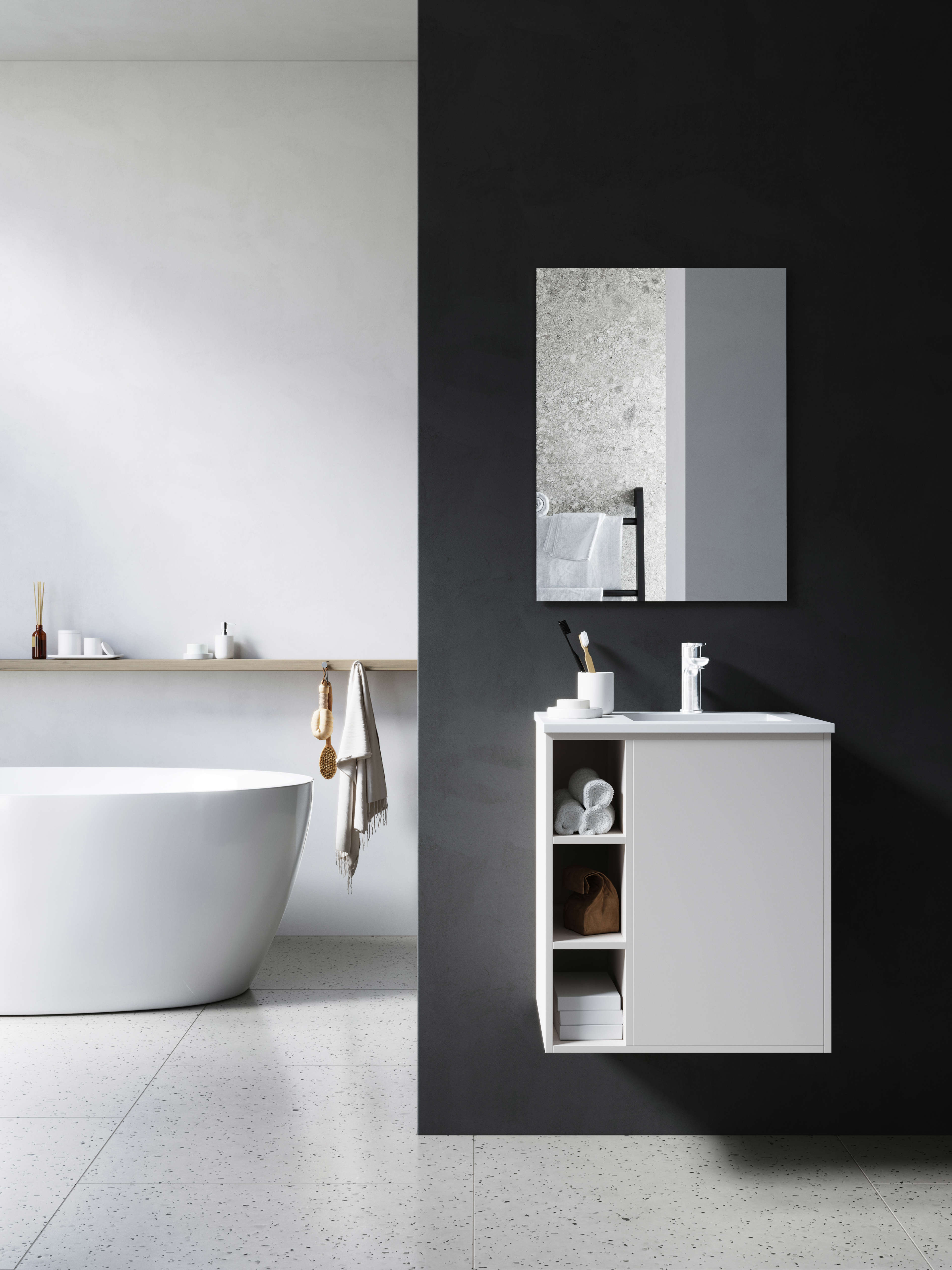 MILK white Bath vanity with a sleek minimalist design, integrated open shelving, and a modern square sink, enhancing a contemporary bathroom style.