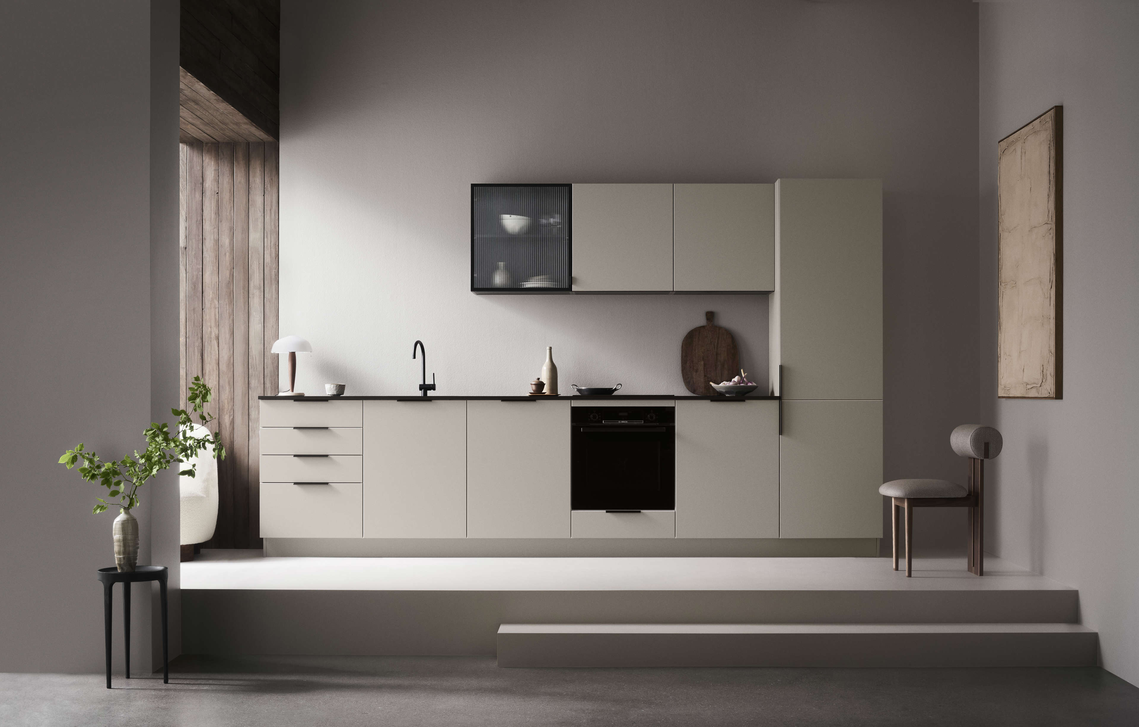BORDO london grey kitchen cabinets in a minimalist design, featuring sleek lines and modern elegance, enhancing functionality and style.