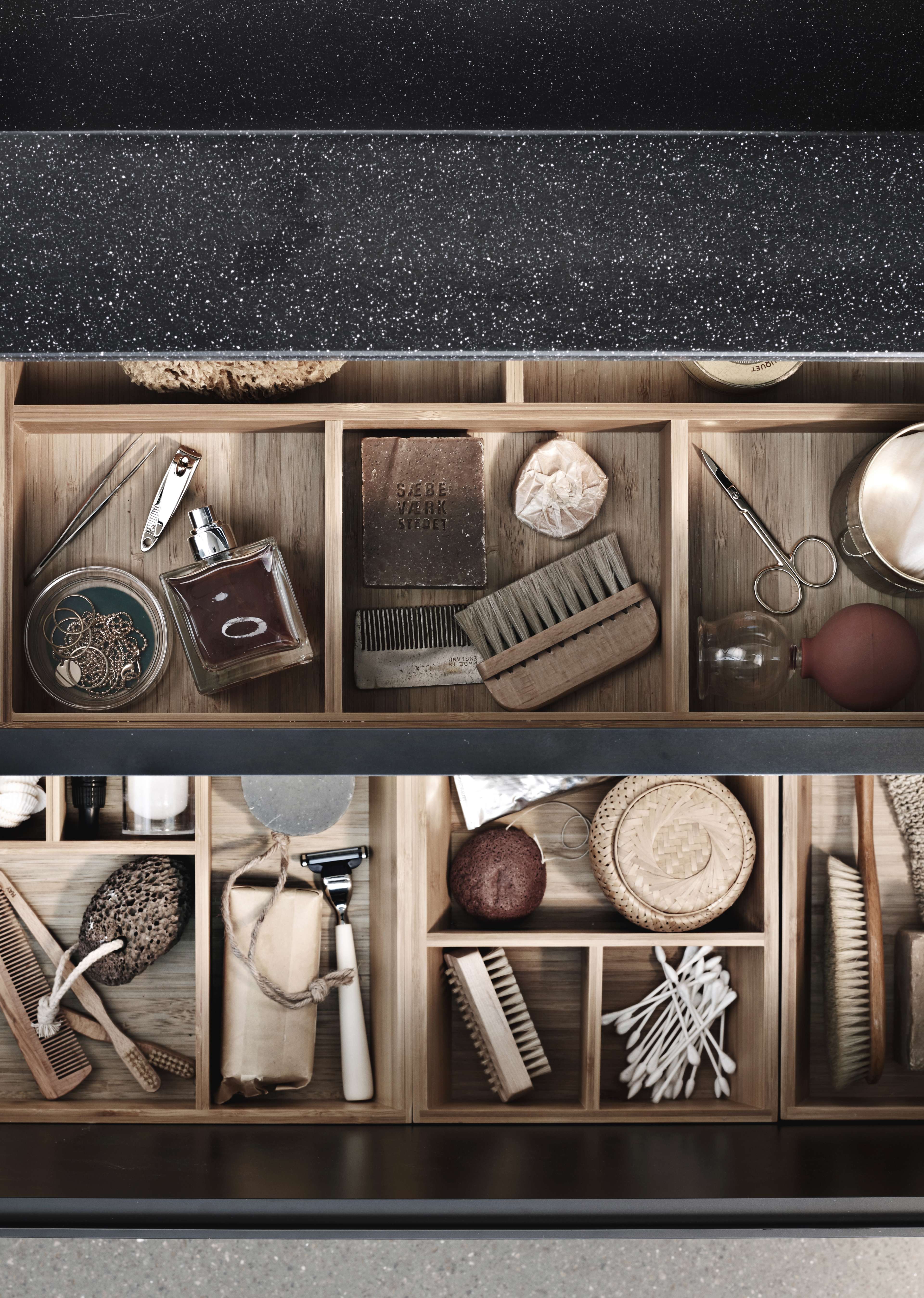 PRATO gray drawer organizer from the Bath collection, showcasing minimalist design with natural wood dividers for efficient bathroom storage.