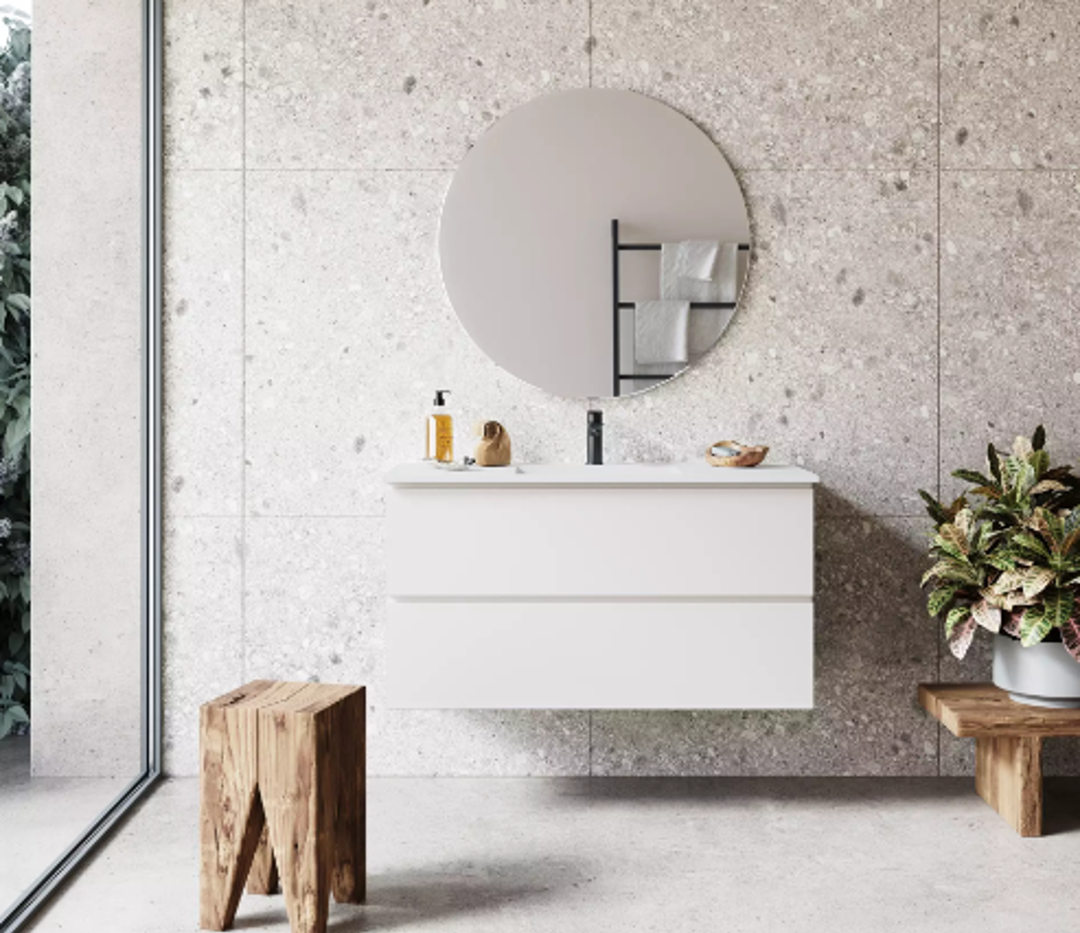 MANO hvid vaskeskab fra Bath-serien, med minimalistisk design med rene linjer, der forbedrer moderne badeværelsesæstetik i ren elegance.