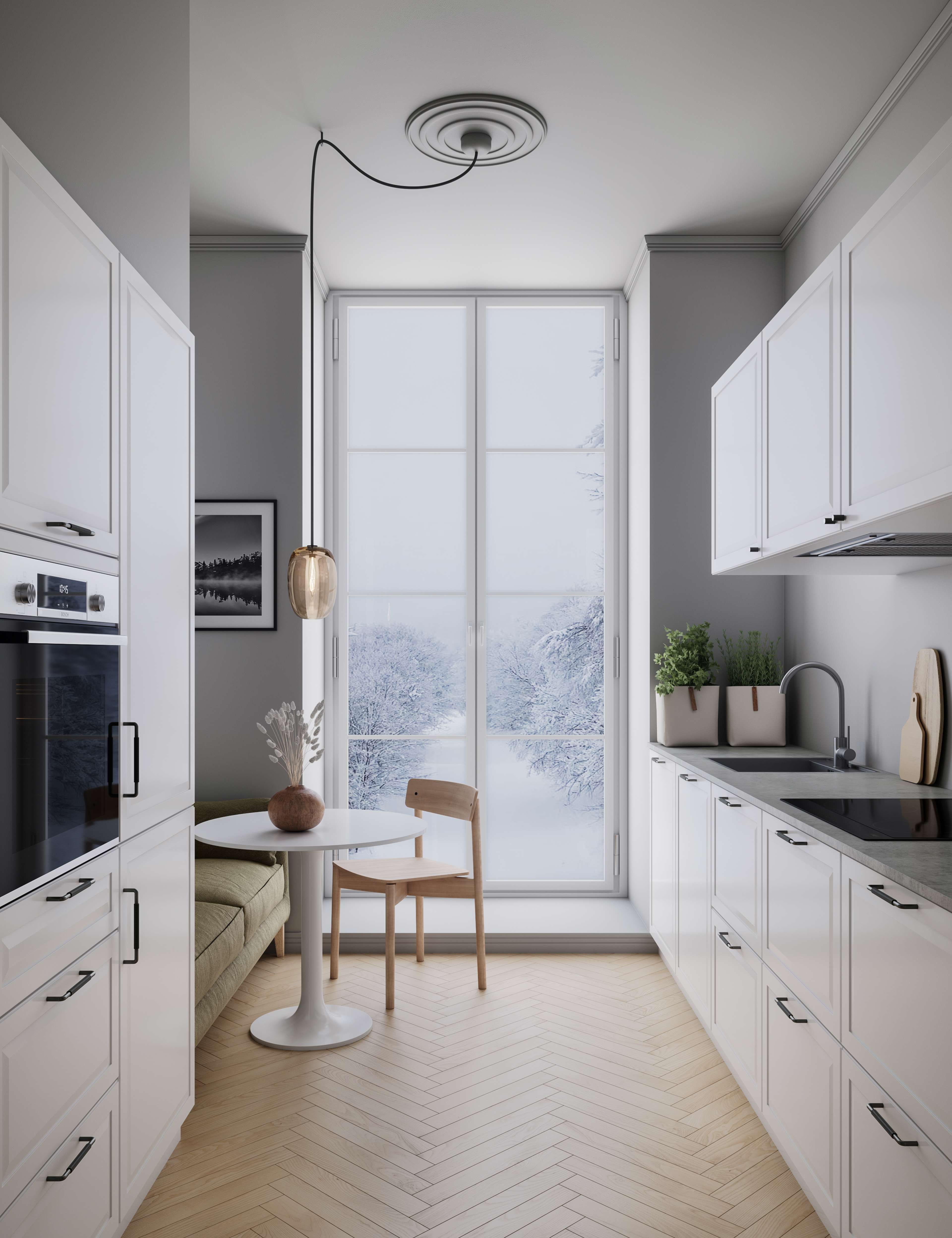 PAVIA hvidt køkken med slanke skabe med minimalistiske greb, der komplementerer et skandinavisk design for en lys, indbydende atmosfære.