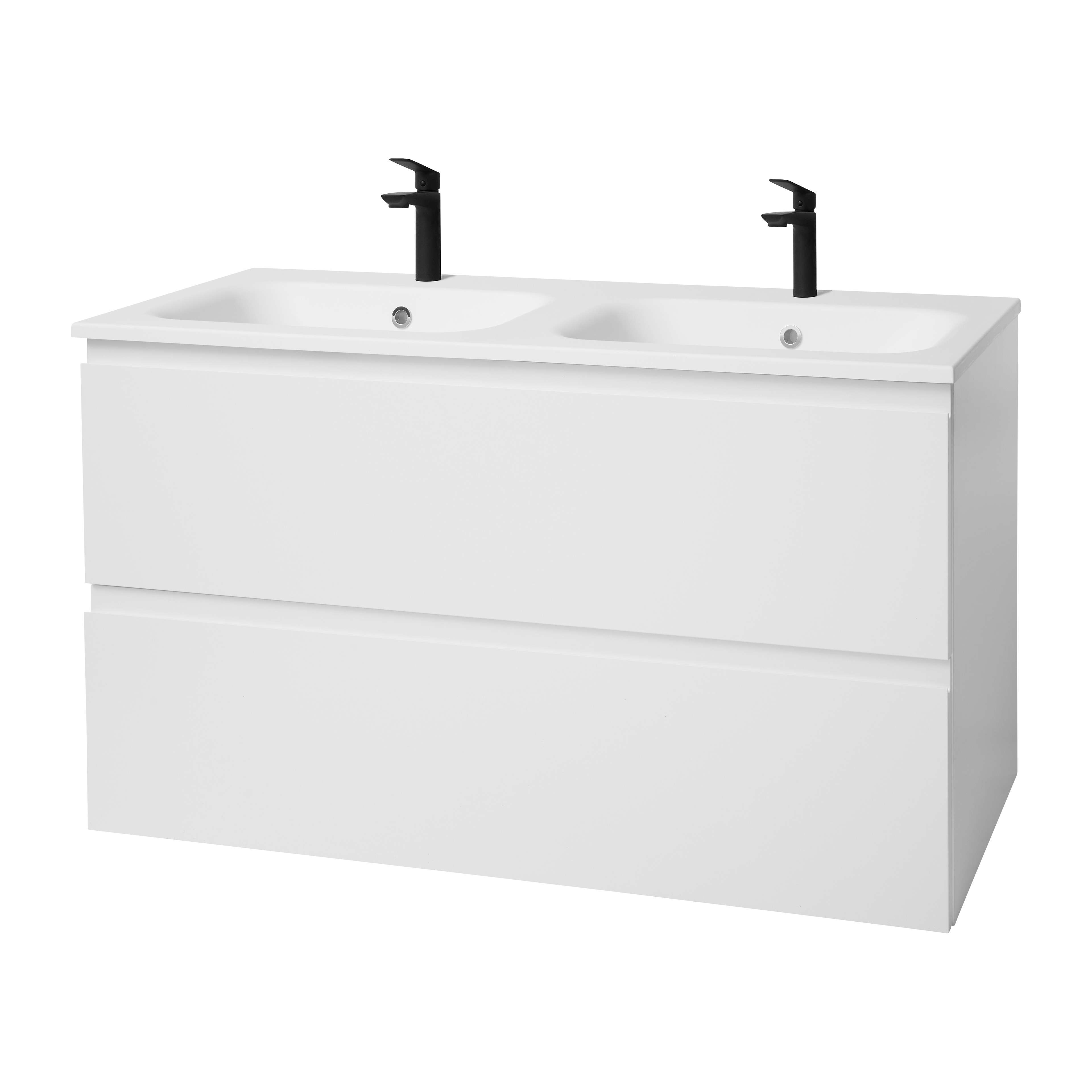 KVIKSETS white double-sink vanity from Bath series features a sleek minimalist design with modern black faucets, enhancing bathroom elegance.
