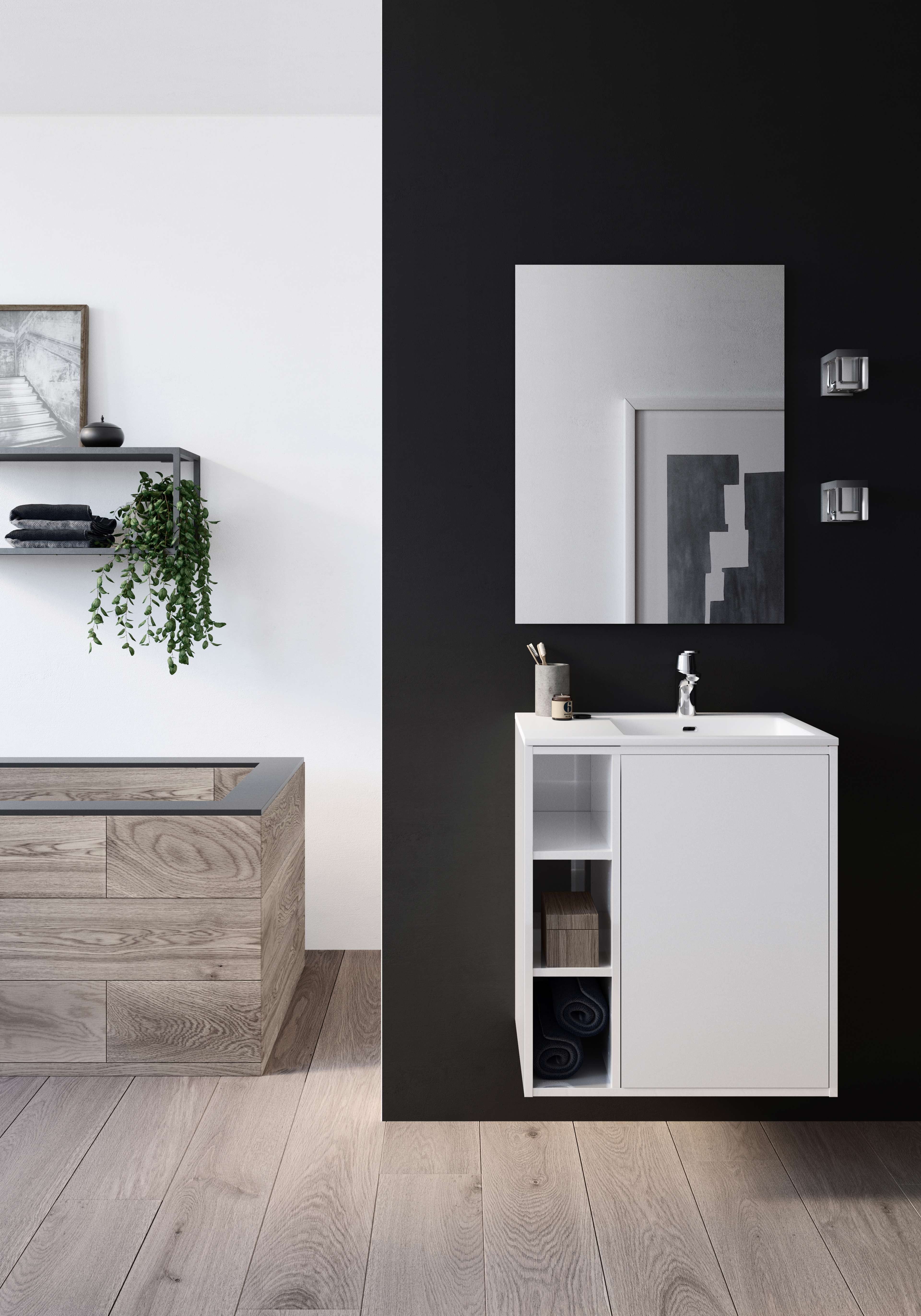 MILK white Bath -sarjan turhamaisuus minimalistisella muotoilulla ja avohyllyillä, jotka luovat tyylikkään, modernin ja tehokkaan tilan kylpyhuoneeseen.