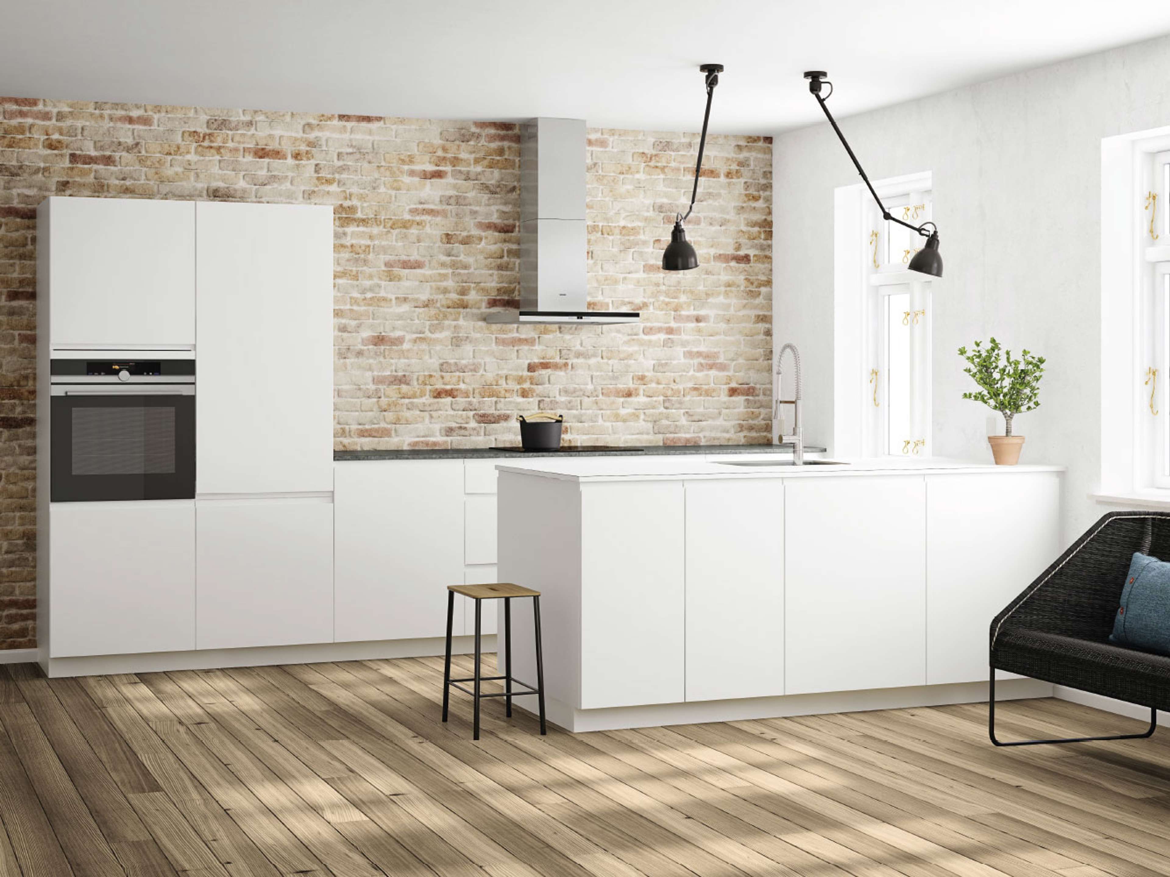 NOLIAM hvide moderne køkkenskabe med et slankt minimalistisk design blander sig problemfrit med et moderne rum og giver et rent og organiseret look.