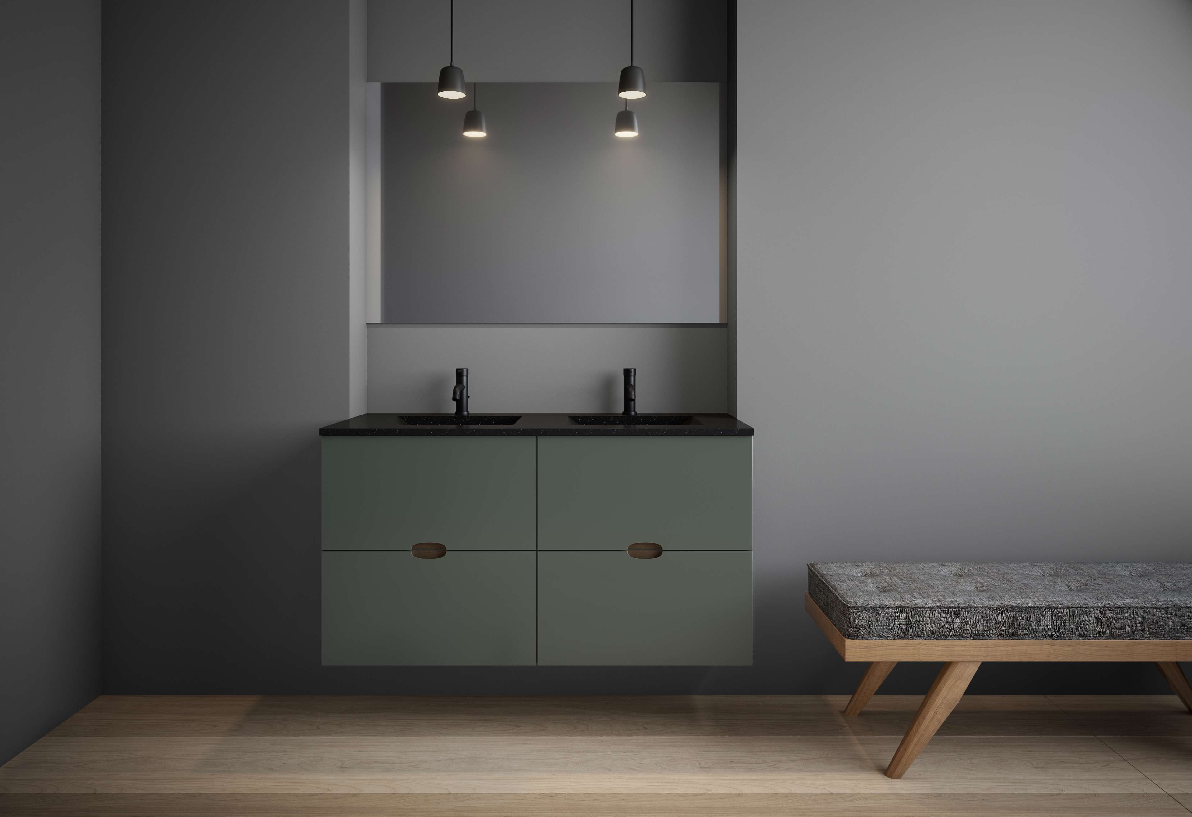 OMBRA groene dubbele wastafel in de Bath-serie, met een elegant, modern design met matte afwerking, wat de hedendaagse badkameresthetiek versterkt.