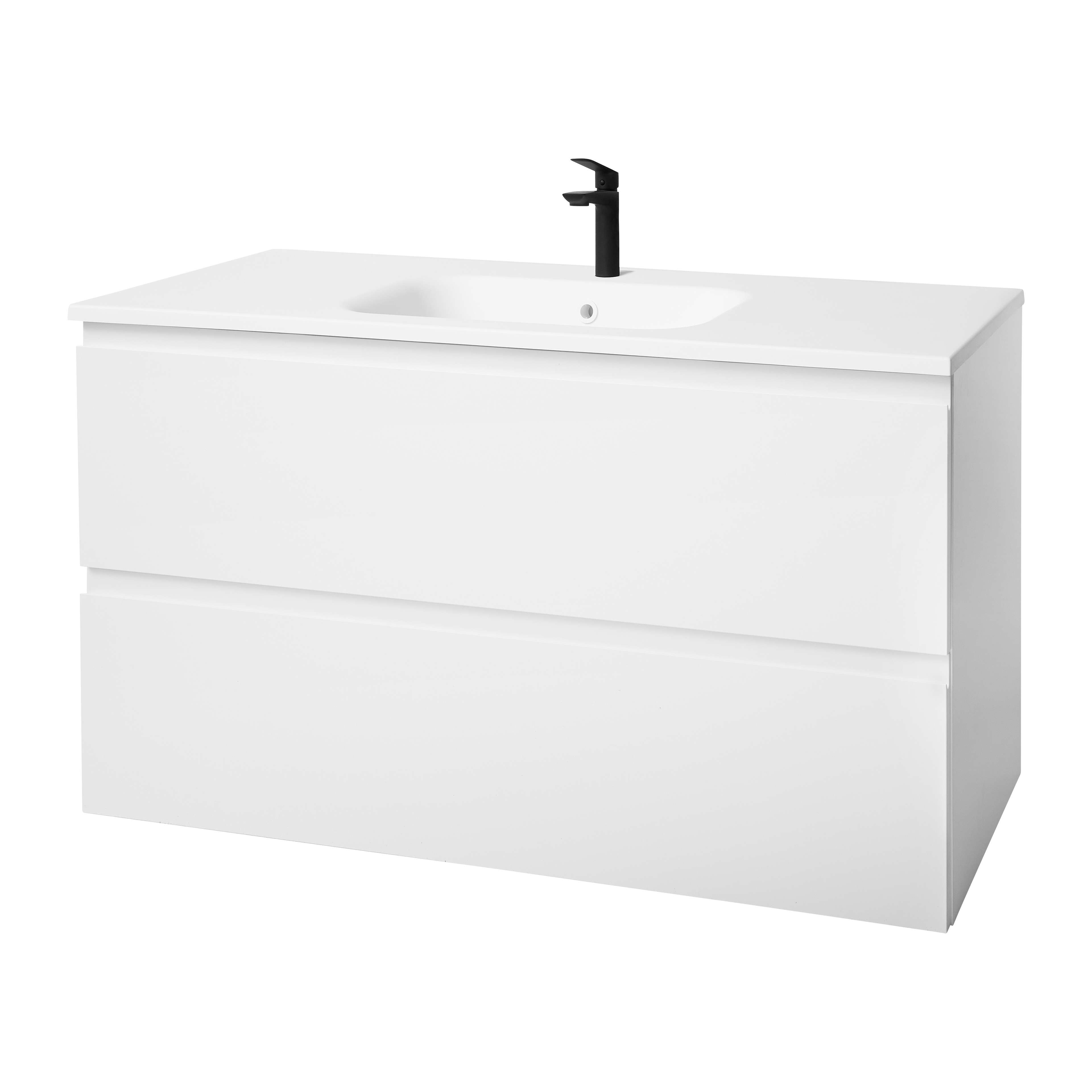 KVIKSETS white vanity unit from Bath series, featuring a minimalist design with sleek lines and handle-free drawers for a modern bathroom look.