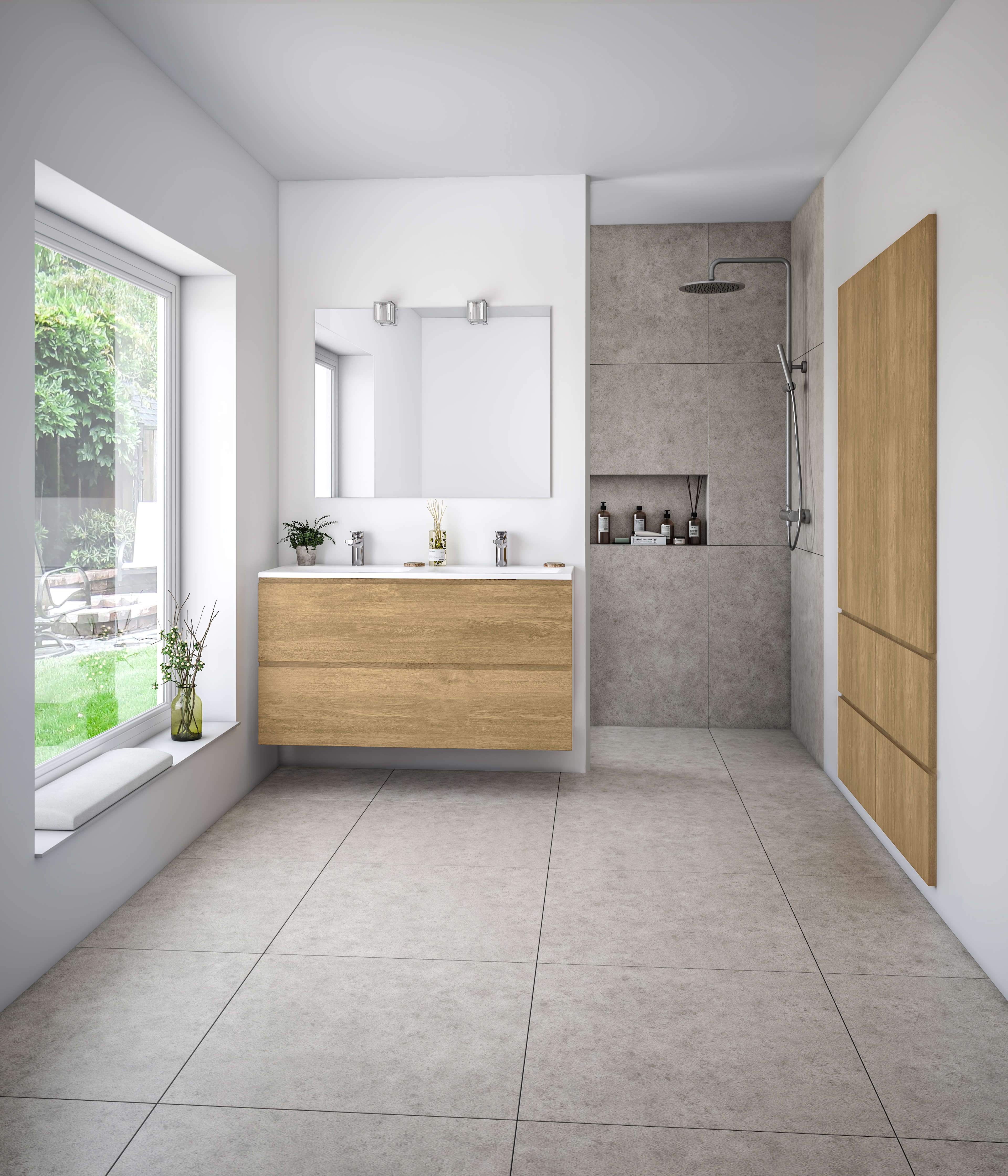 Modern bathroom with NOLIAM wood vanity and cabinetry, featuring sleek minimalistic design in light oak finish, enhancing a serene ambiance.