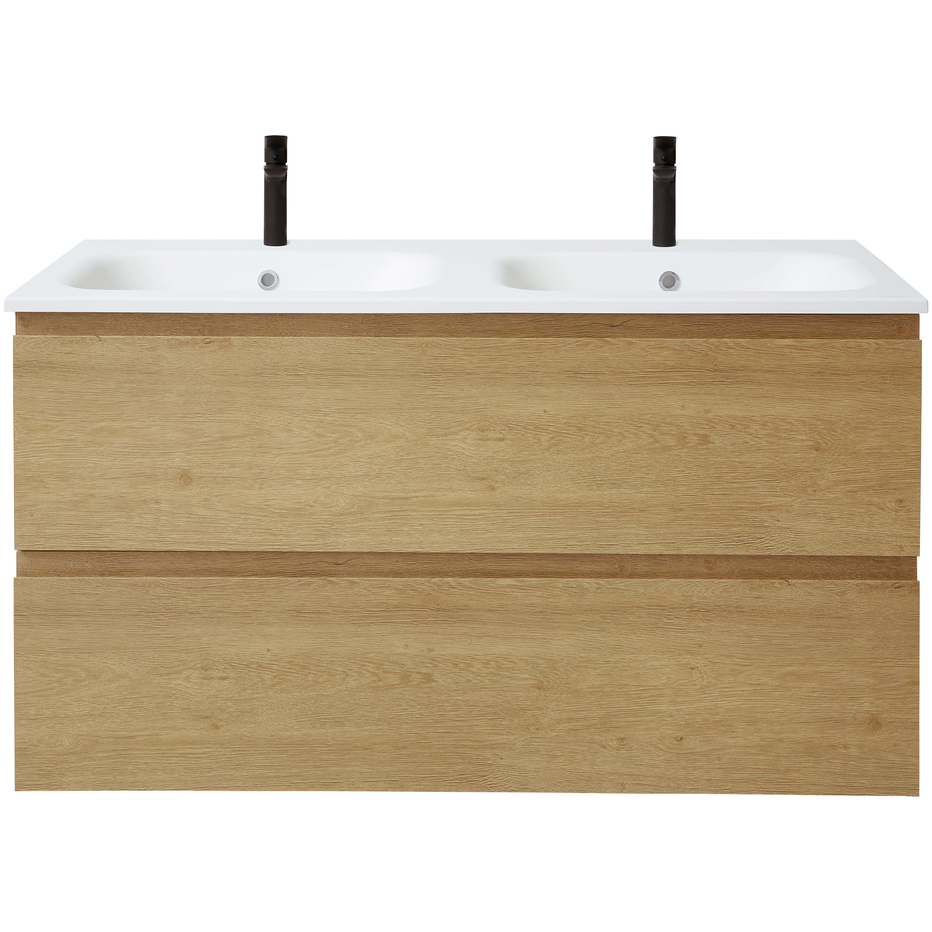 KVIKSETS Holzwaschtisch mit Doppelwaschbecken, Teil der Bath-Serie, mit modernem, minimalistischem Design mit natürlichem Eichenfinish für eine elegante Badezimmereinrichtung.