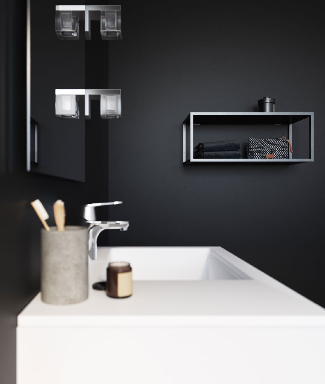 Vanité de la série Bath blanc MILK au design moderne et élégant, dotée d'un comptoir minimaliste et de luminaires chromés, parfaite pour une salle de bain élégante.