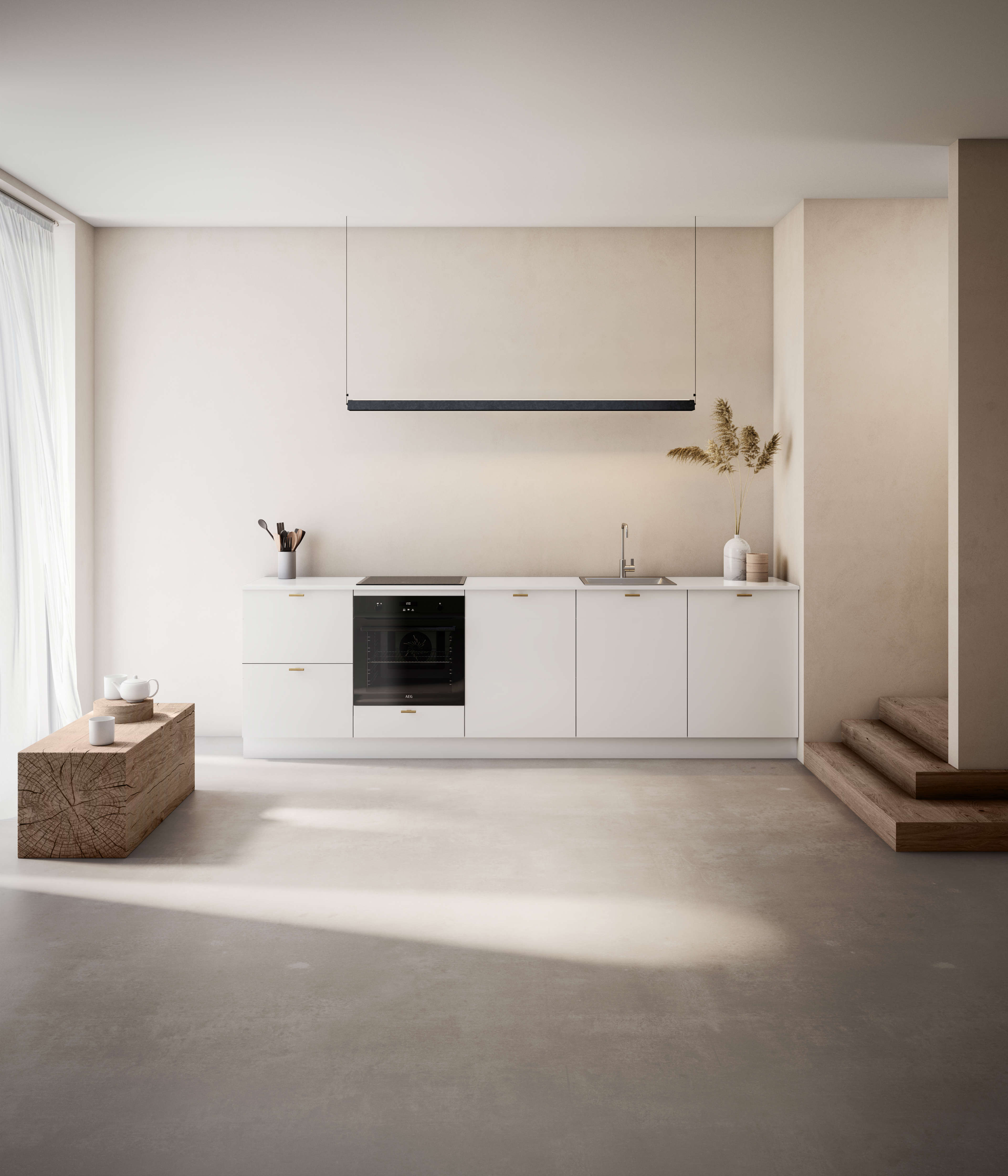 Cuisine blanche BORDO avec armoires minimalistes et électroménagers intégrés, offrant un espace élégant et moderne aux lignes épurées et au design contemporain.