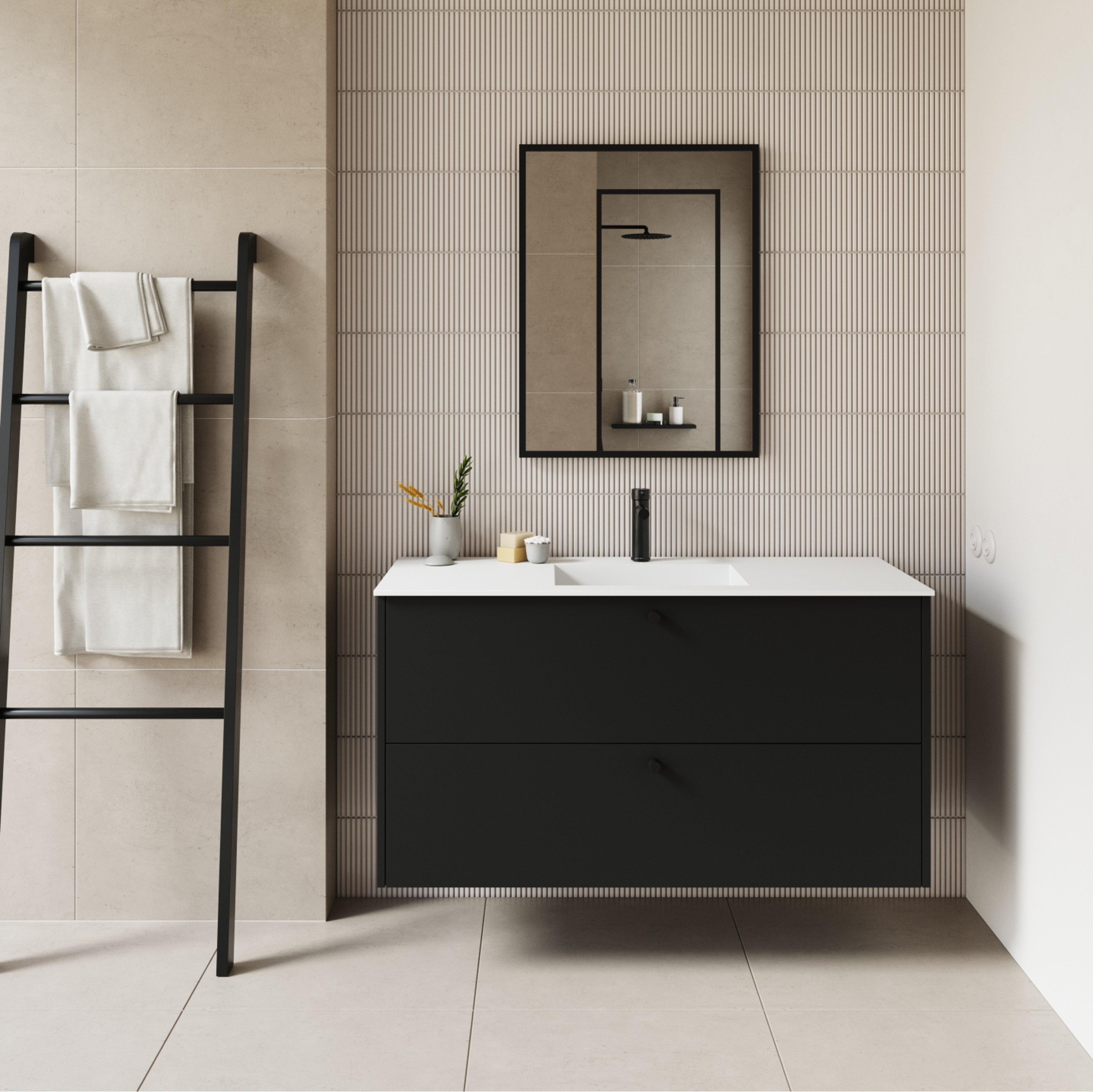 Schwarzer Bad-Waschtisch BORDO mit schlichtem, modernem Design und minimalistischer Eleganz, mit wandmontierter Struktur und integriertem Waschbecken für luxuriöse Badezimmer.