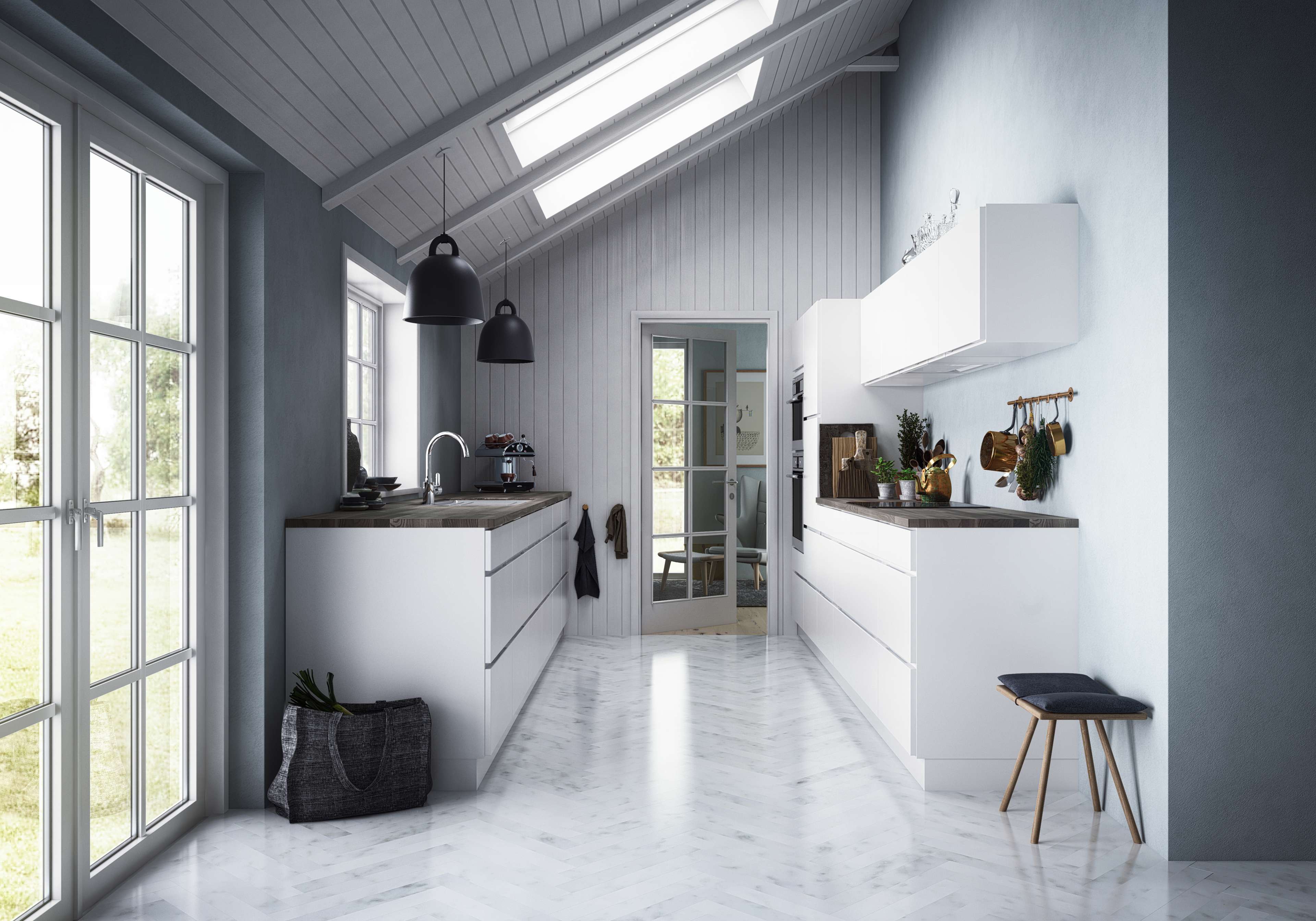 MANO hvitt kjøkken med elegant minimalistisk design, med håndtaksløse skap og moderne skandinavisk stil, skaper en lys og luftig atmosfære.