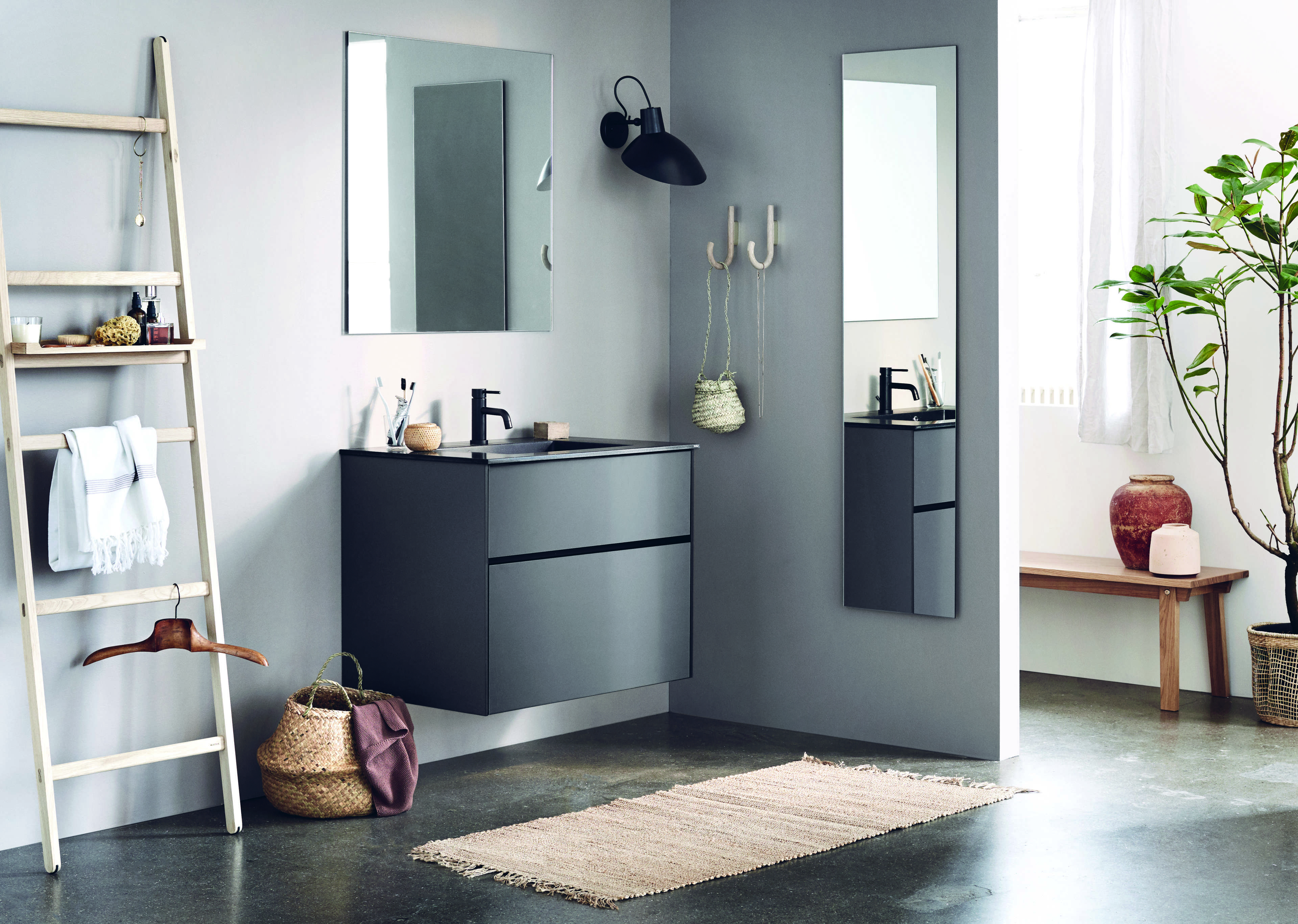 PRATO gray bathroom vanity, part of the Bath series, displaying modern elegance and minimalist design with sleek drawers and a matte finish.
