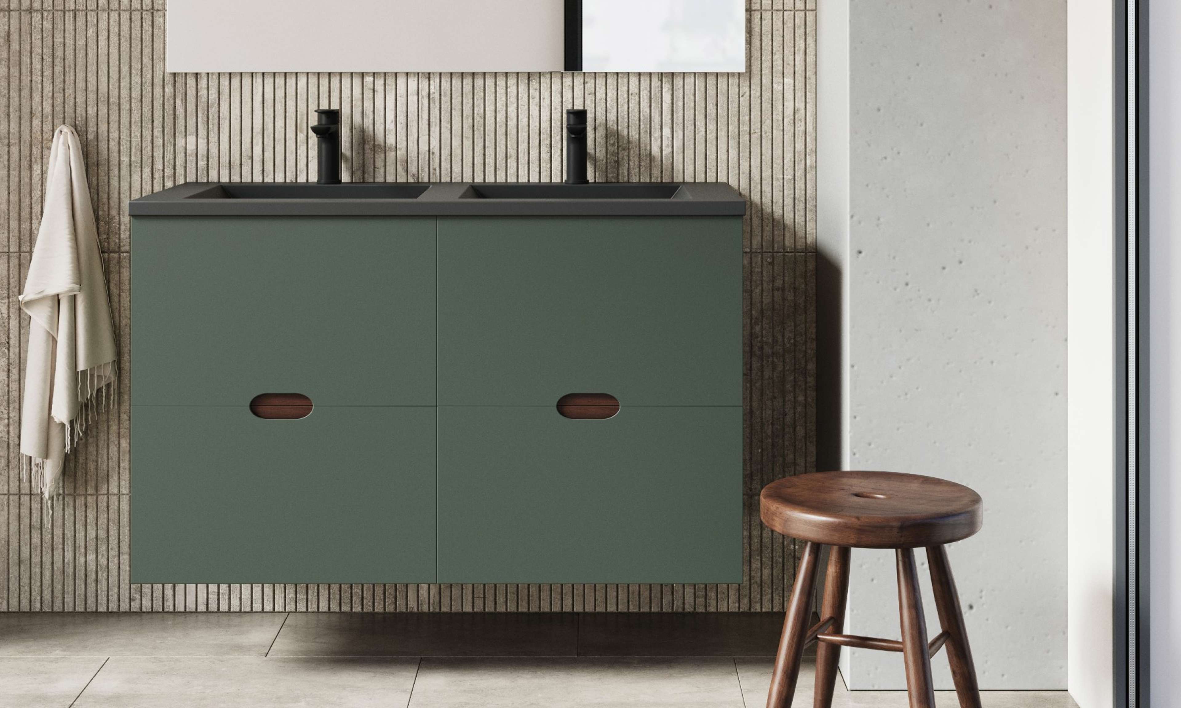 OMBRA grøn badeskab med slanke dobbelte sorte vandhaner, minimalistisk design, der tilbyder rigelig opbevaring, der komplementerer moderne badeværelsesæstetik.