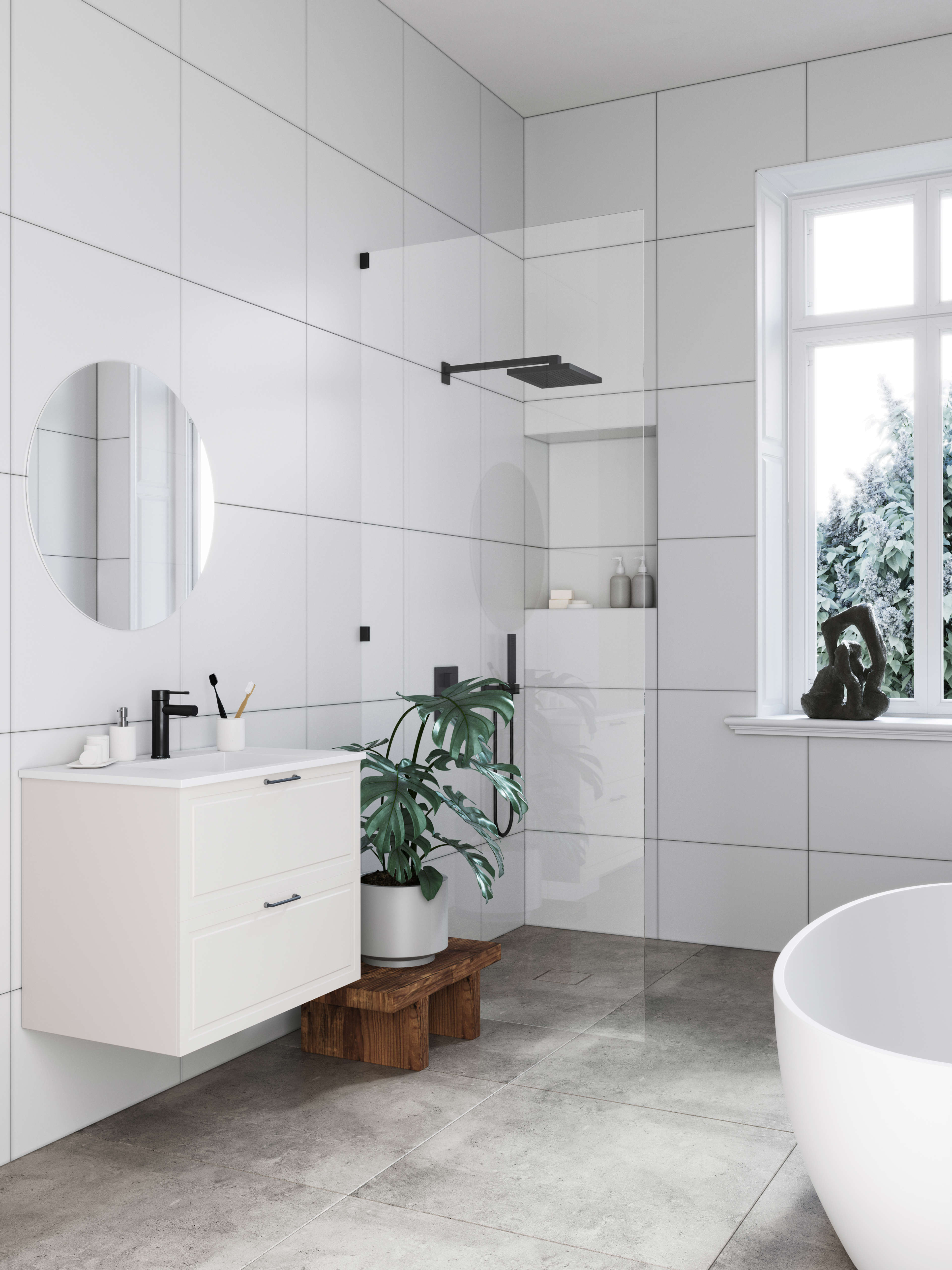 PAVIA white bathroom vanity with sleek drawers, enhancing the minimalist style of the Bath series. Complements the modern tiled shower area.