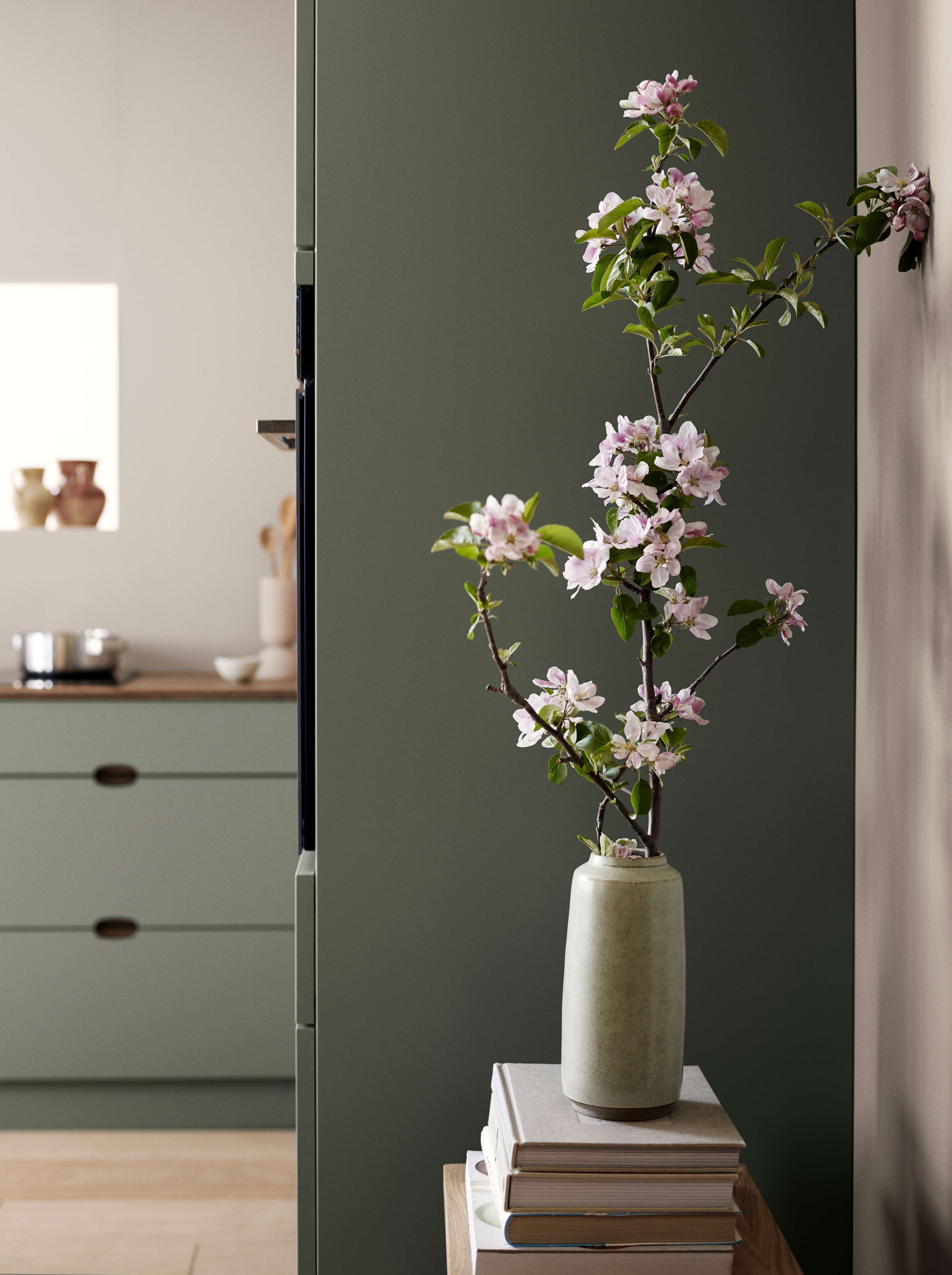 OMBRA grønt kjøkken har minimalistiske skap med en jevn matt finish, og skaper et rolig og stilig rom for moderne boliger.