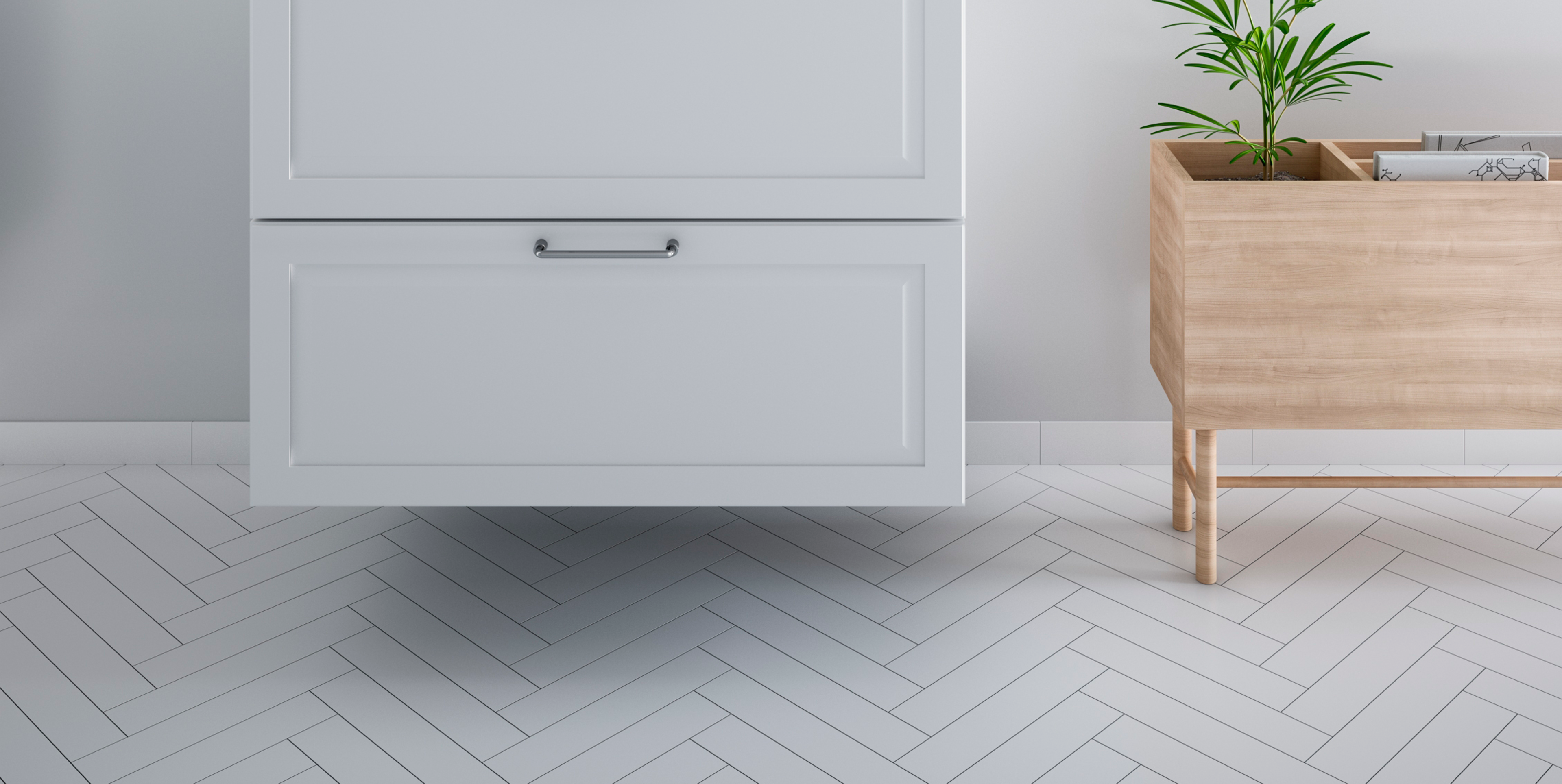 PAVIA hvitt baderomsskap med minimalistisk design, med et slankt håndtak og glatt finish, som forbedrer moderne eleganse og funksjonalitet.