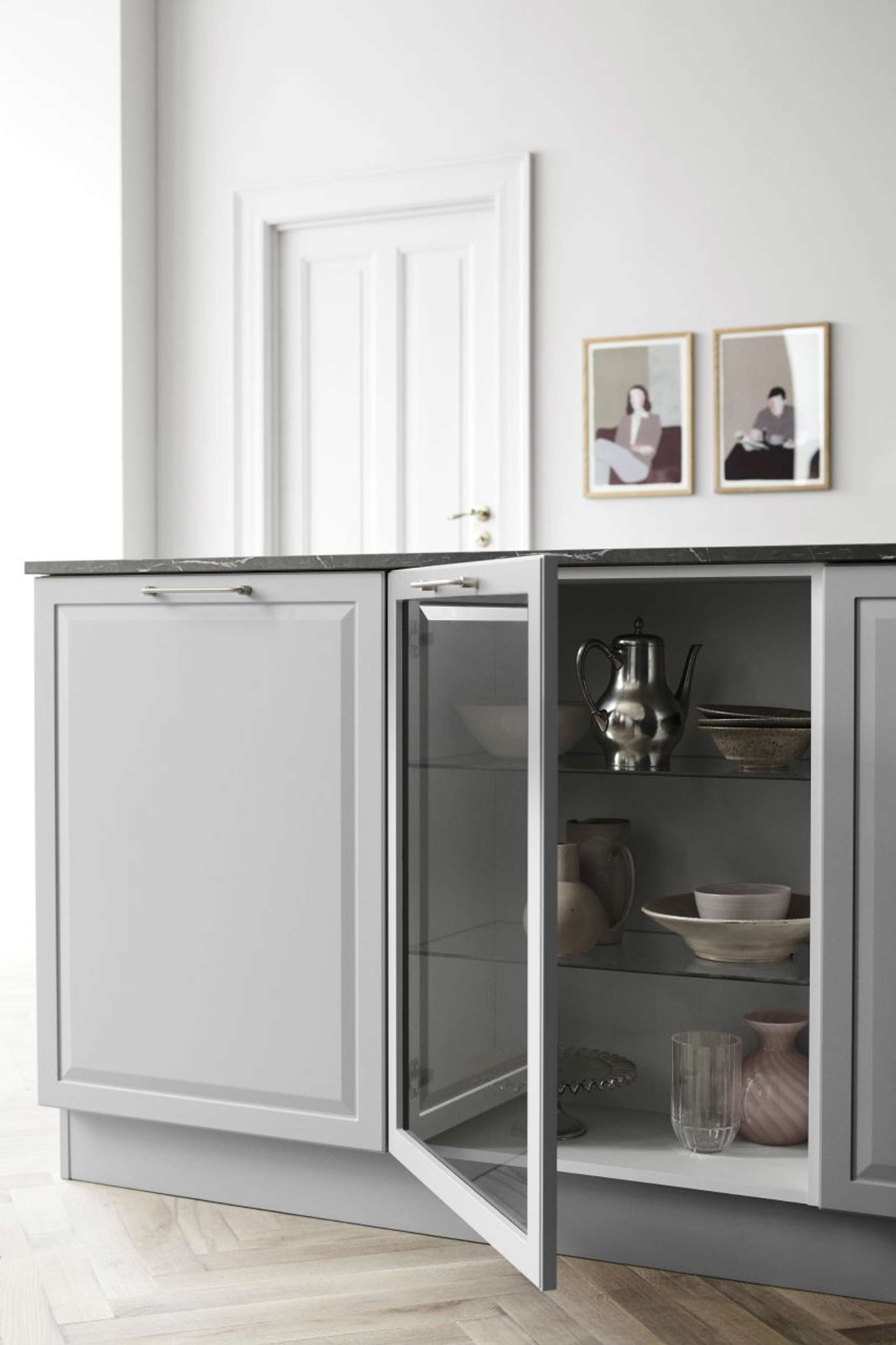 PAVIA pure grey kitchen cabinets with sleek, modern design and glass-front doors, creating a stylish and functional space for a contemporary home.