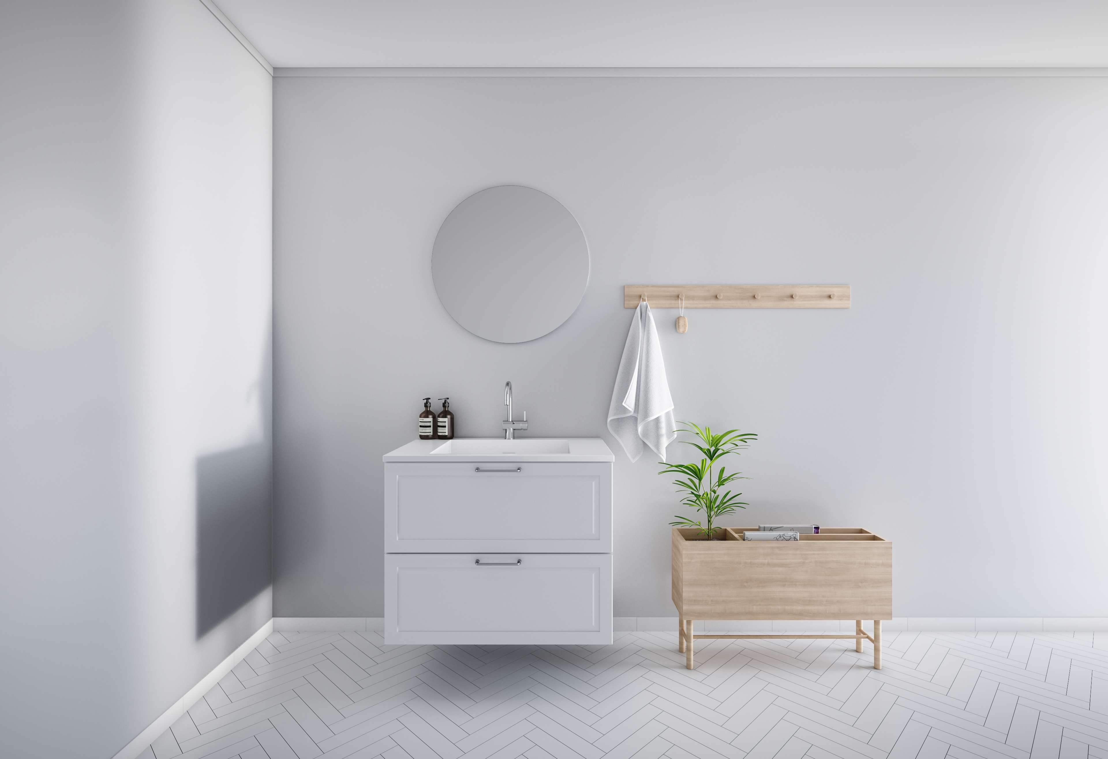 Weißer Badezimmer-Waschtisch PAVIA mit eleganten Schubladen und minimalistischem Wasserhahn, perfekt für moderne Räume, gepaart mit einem runden Spiegel und Holzakzenten.