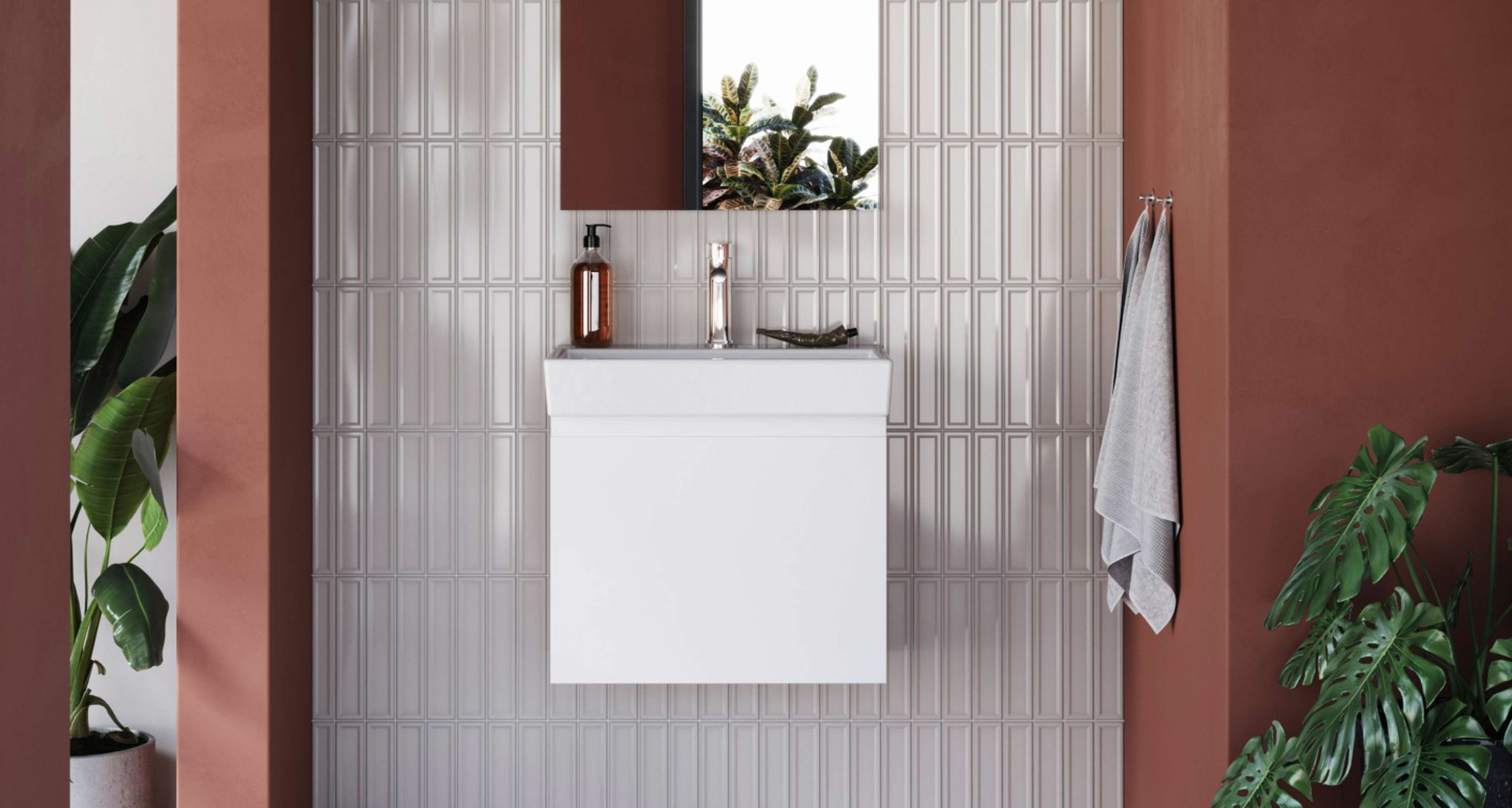 NOLIAM hvid badeværelsesvask med slankt design, vægmonteret for moderne æstetik, med en minimalistisk stil mod en neutral baggrund.